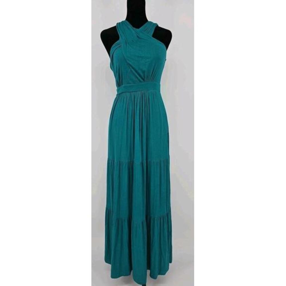 Soma Tiered Halter Dress XS Green Crossover Maxi Built In Bra Pockets‎